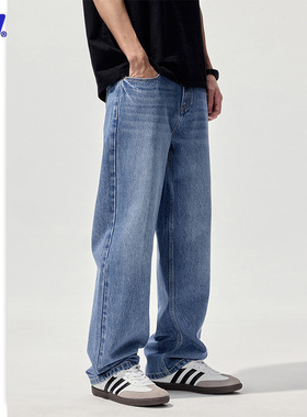 美式复古高街蓝色牛仔裤男2025春夏新款直筒宽松潮牌休闲阔腿裤子
