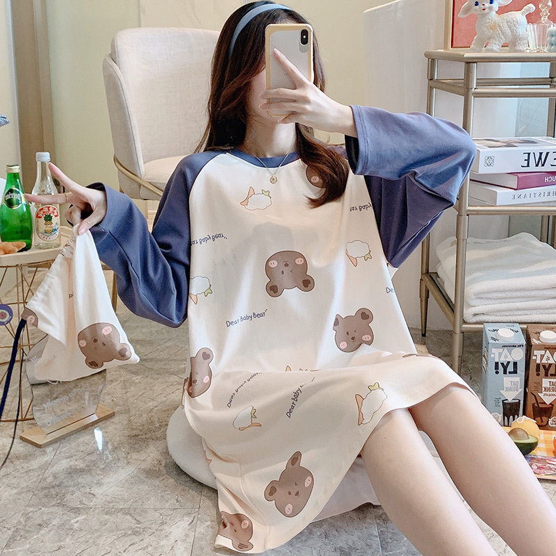 睡裙女春秋长袖纯棉韩版学生卡通可爱睡衣秋冬季薄款大码孕妇裙子