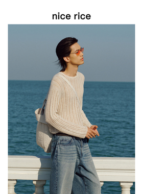 nice rice好饭 春季棉麻混纺直身圆领镂空男士长袖针织衫NHC05044