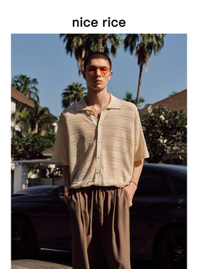 nice rice好饭 夏季镂空轻薄宽松翻领男士短袖针织开衫NHX05074
