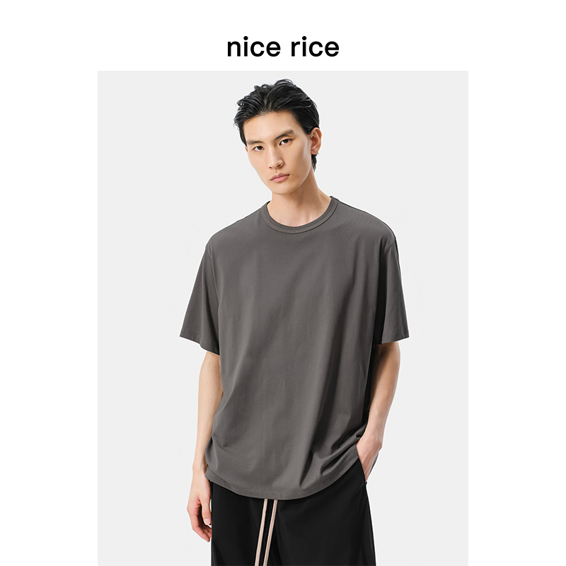 nice rice好饭 全棉平纹195克撞色线迹圆领宽松短袖T恤NGX02094