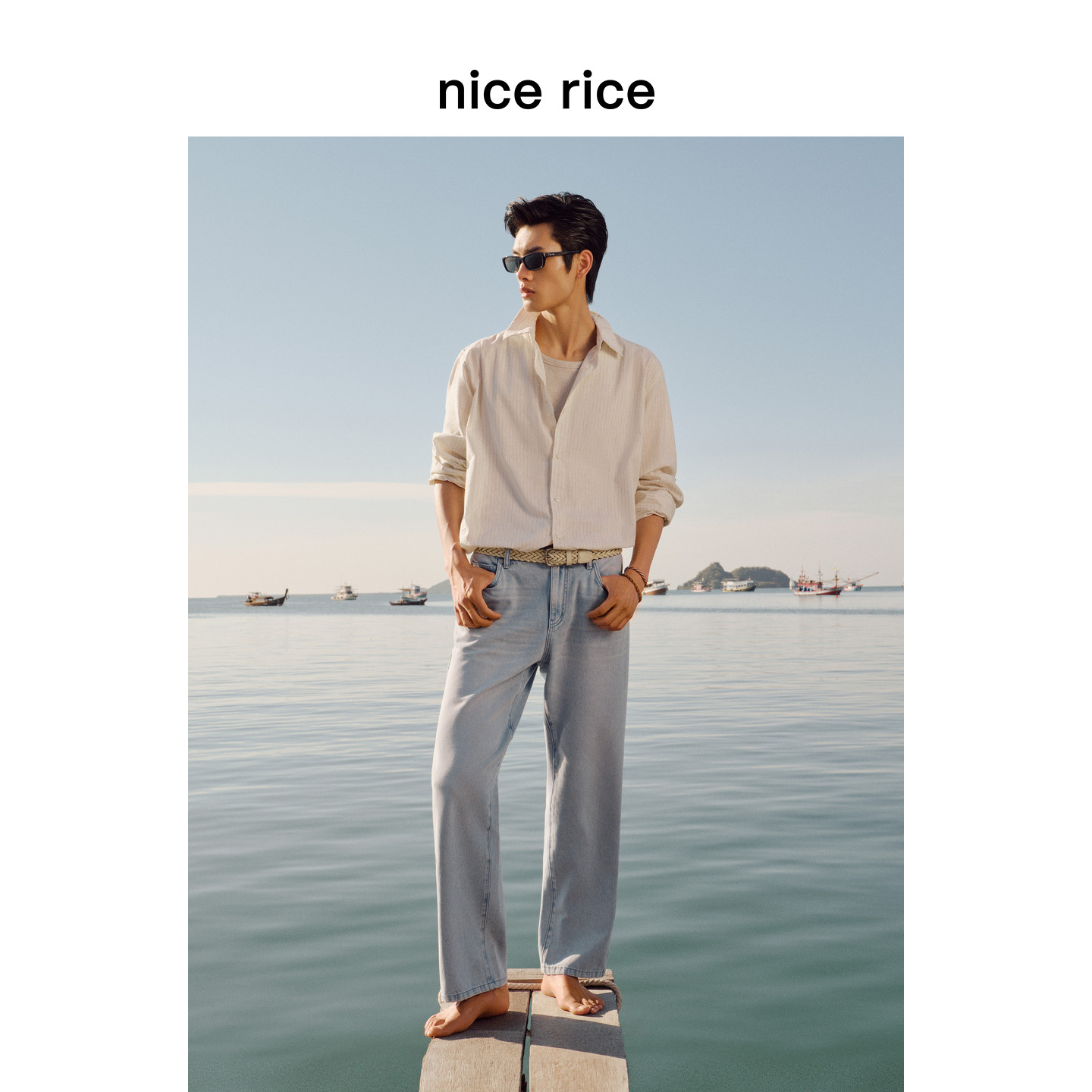 nice rice好饭 26夏季新品棉麻蓝牛水洗直筒薄软牛仔裤男NIX13058