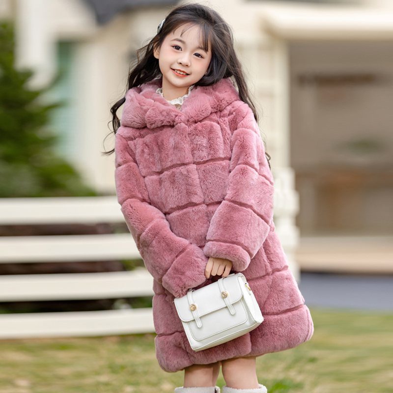 儿童真獭兔毛皮草外套中长款女童毛毛大衣保暖加厚皮毛一体中小童