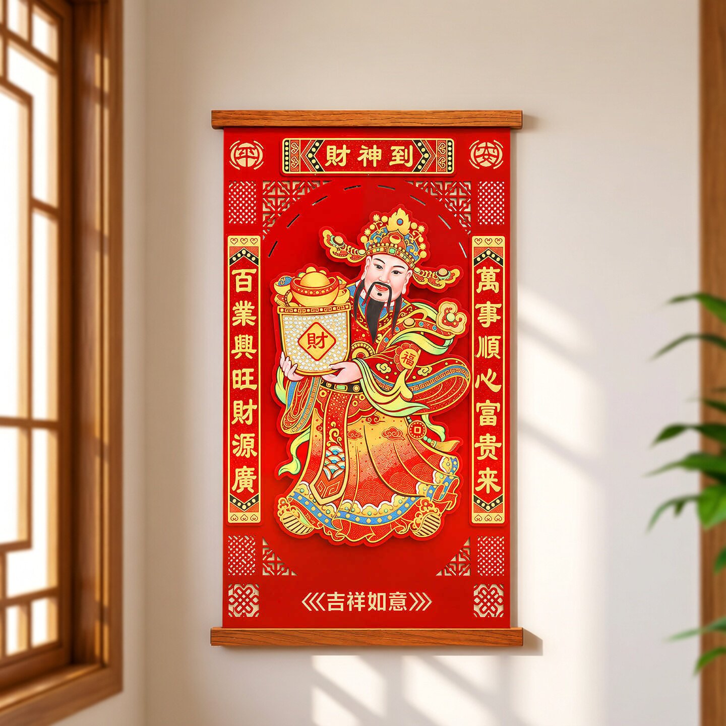 2027高档立体财神挂画像绒布烫钻财神爷供奉挂轴乔迁新居客厅装饰