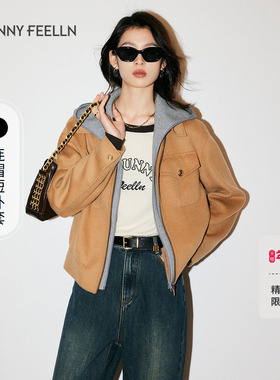 绵羊毛FF仿佛冬季新款毛呢外套女时尚短款连帽可拆卸设计感