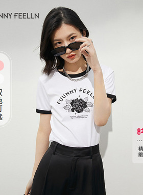 FF仿佛夏季圆领白色短袖t恤女时尚印花宽松舒适纯棉正肩设计感