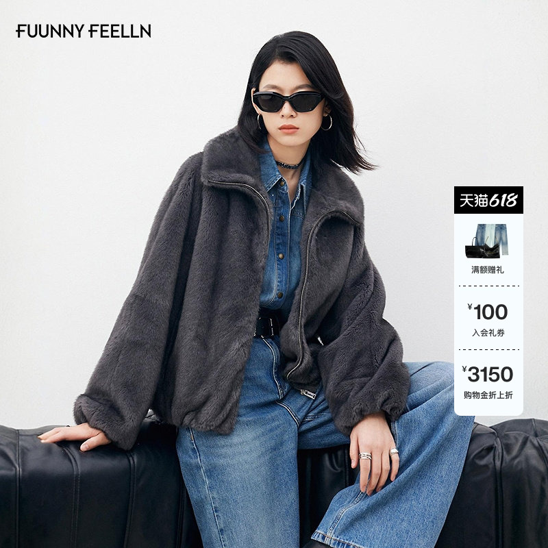 FF仿佛环保皮草女2025冬季新款连帽保暖上衣短款小个子外套