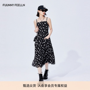 通勤气质女小黑裙 爱心印花吊带中长款 FF仿佛连衣裙2025年夏季 新款