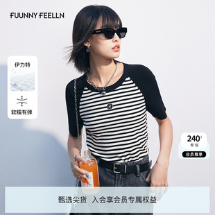 2025夏季 条纹短袖 FF仿佛针织衫 新款 显瘦上衣T恤 女插肩袖 设计修身