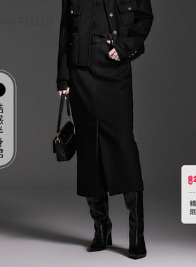 FF仿佛冬季新款黑色半身裙直筒高腰开叉中长款小个子