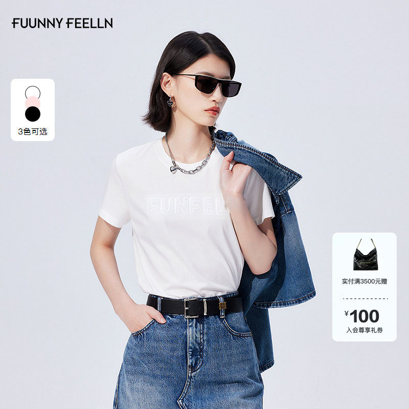 FF仿佛T恤2025年夏季新款100棉基础款正肩圆领绣花珠片设计感短袖