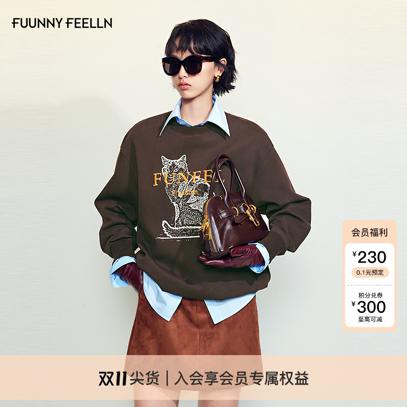 FF仿佛卫衣2025秋季新款小猫印花设计长袖时尚字母女美式圆领上衣