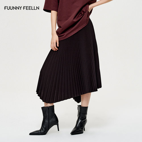 FF仿佛松紧腰黑色百褶半身裙