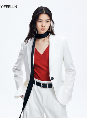 FF仿佛西装外套女2026春季新款蕾丝袖口干练通勤职业白色西服上衣