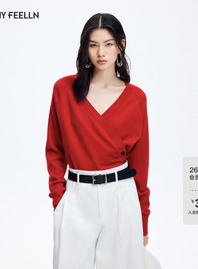 【新年系列】FF仿佛红色针织衫女2026春季新款v领外穿长袖毛衣女