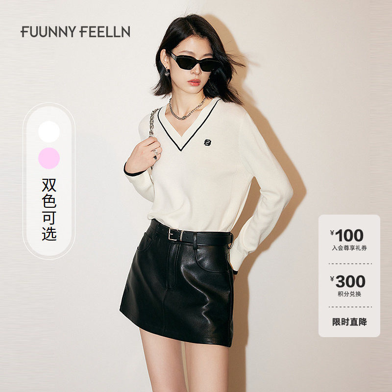 FF仿佛2025春新款白色设计感撞色V领针织套头女宽松气质通勤毛衣