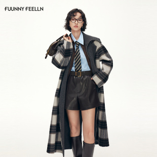 纹翻领复古长款 英伦风格 呢子外套 新款 FF仿佛毛呢大衣女2025冬季