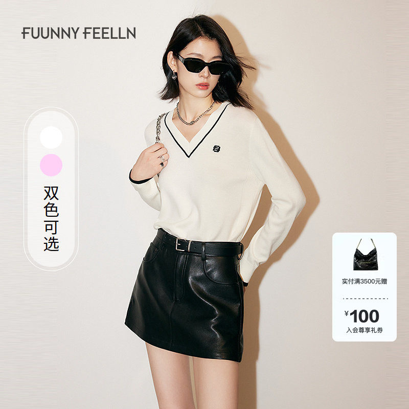 FF仿佛2025春新款白色设计感撞色V领针织套头女宽松气质通勤毛衣