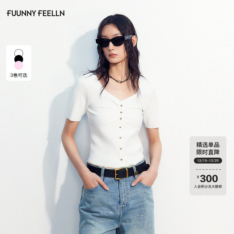 仿佛针织衫纽扣装饰抽褶显瘦通勤