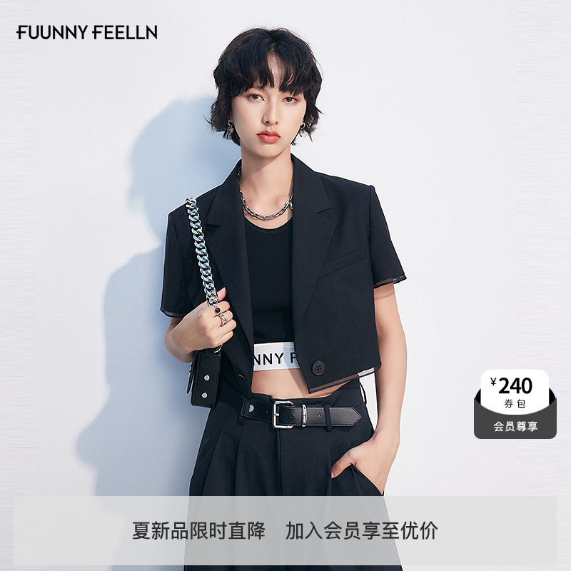 FF仿佛西装2025年夏新款黑色时尚通勤气质女上衣短款短袖显瘦外套