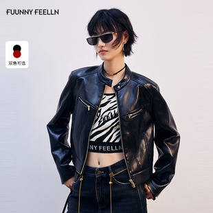 FF仿佛皮衣女2025早秋新款 正肩复古机车上衣夹克外套 时尚 短款