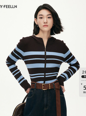 FF仿佛针织衫女2025秋季新款复古连帽条纹修身长袖毛衫针织上衣