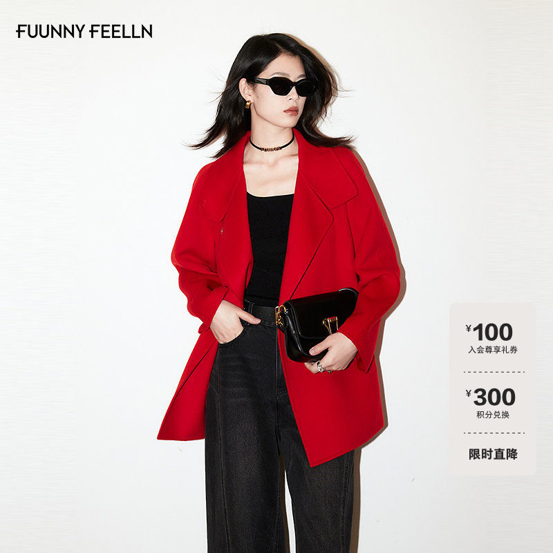 【100纯羊毛】FF仿佛毛呢女2025冬季新款中长款红色呢子大衣外套