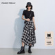 长裙 收腰不规则裙摆女气质格纹拼接短袖 FF仿佛连衣裙2025秋季 新款