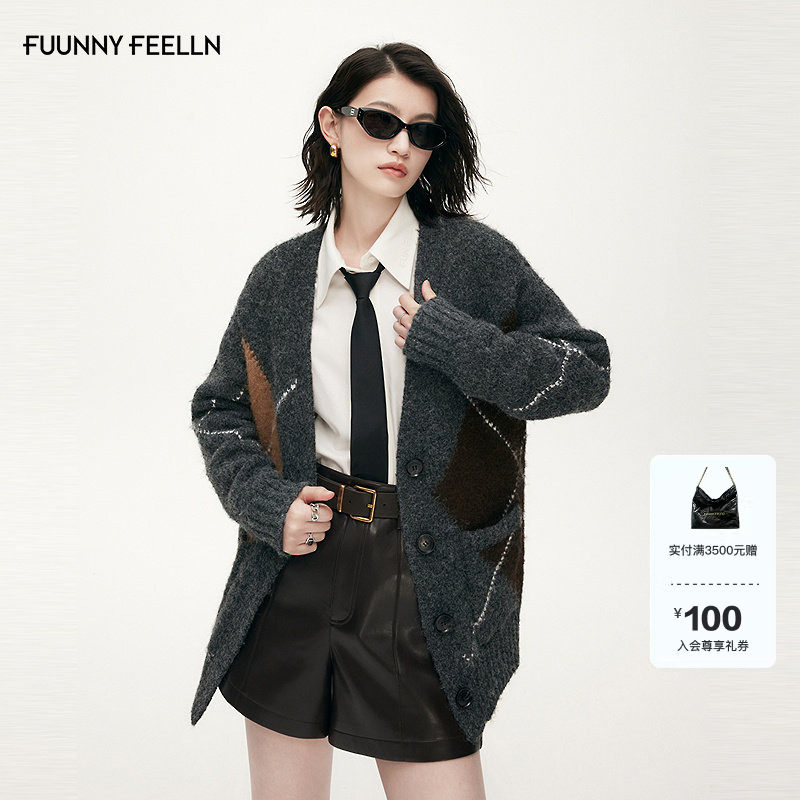 FF仿佛针织外套女2025冬季新款中长款撞色加厚羊毛毛衣针织开衫