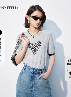 FF仿佛2025夏新款猫纹爱心浅灰色上衣显瘦撞色针织圆领短袖t恤女