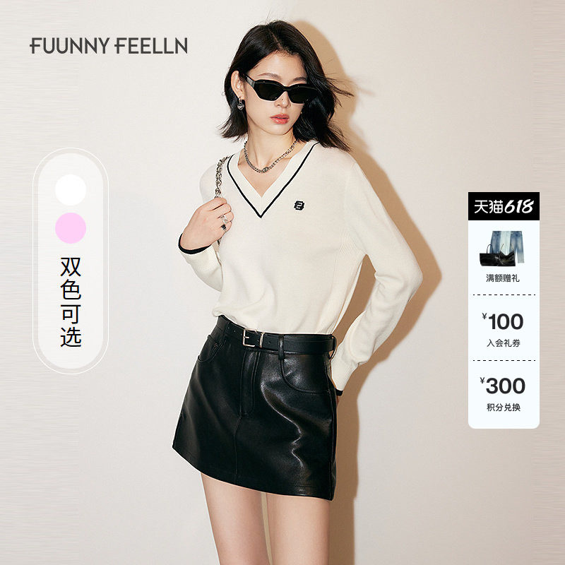 FF仿佛2025春新款白色设计感撞色V领针织套头女宽松气质通勤毛衣