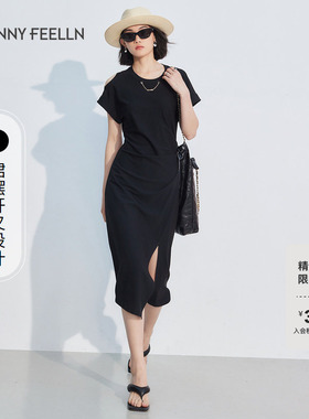 商场同款FF||仿佛夏季黑色连衣裙开叉设计精致收腰气