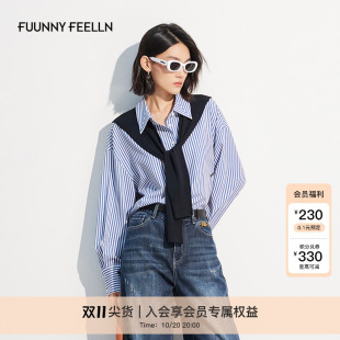 女长袖 商场同款 蓝色条纹衬衫 仿佛春夏季 翻领披肩气质