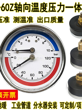 Y60温度压力一体表地暖分水器压力表温度表水压表10bar卧式气压表