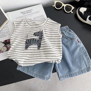 男童套装2025夏季新款中小童舒适百搭无袖背心宽松牛仔短裤两件套