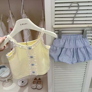 女童套装夏季2026新款洋气女宝上衣花边吊带波点花苞韩版短裤时髦