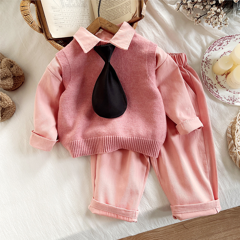 男童春秋装套装2025新款韩系纯色毛衣马甲宝宝休闲立领衬衫三件套