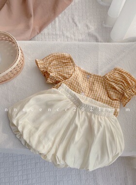 女宝宝洋气套装2026夏装新款韩版女童夏季上衣花苞灯笼短裤两件套