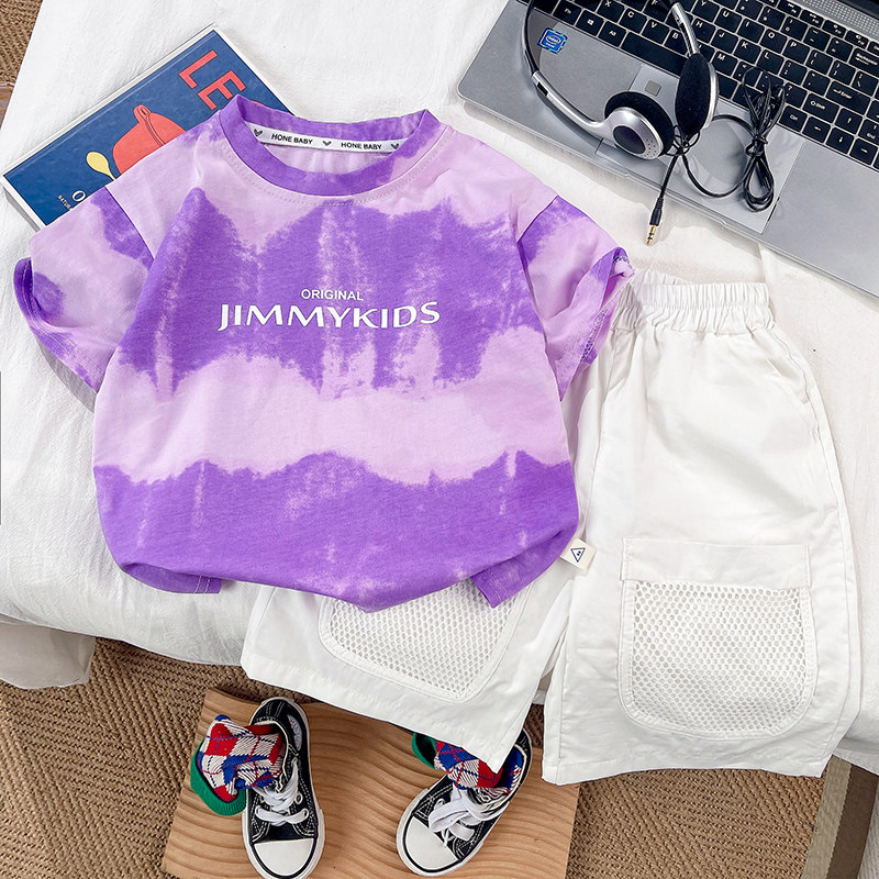 儿童套装2024新款男宝宝童装渐变色短袖t恤短裤中小童百搭两件套