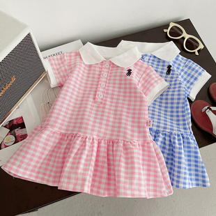 韩国童装女童蓝白格子公主裙女宝宝春夏新款洋气花边polo领连衣裙