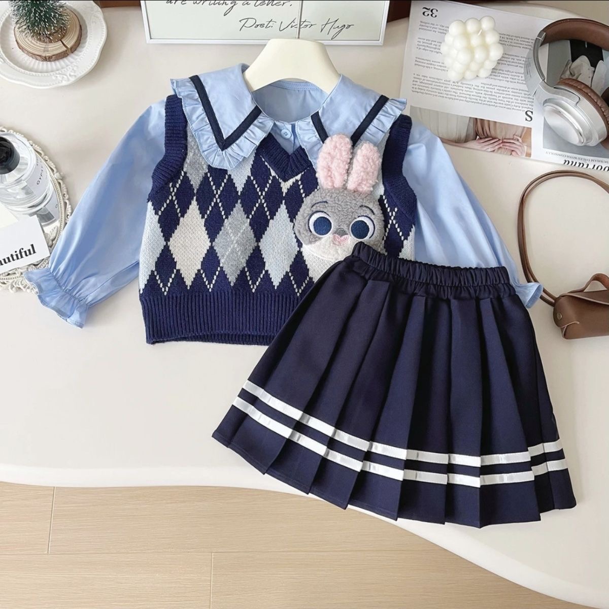 女童学院风套装2025春季新款兔子警官朱迪jk春秋韩系小女孩三件套