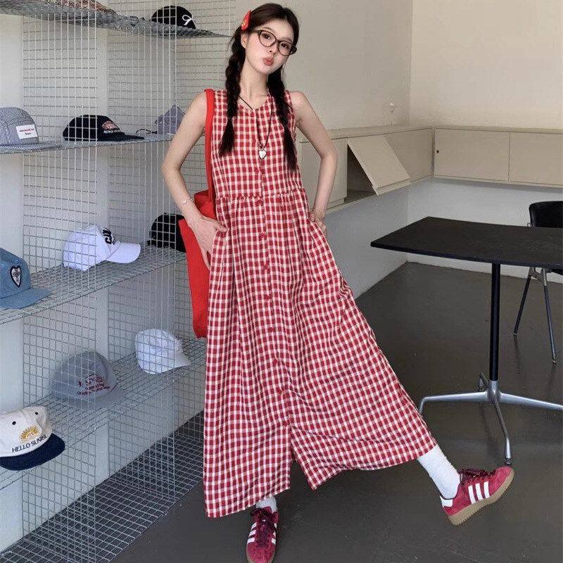 小个子海边度假风夏季新款红色格子无袖连衣裙女装背心吊带长裙子