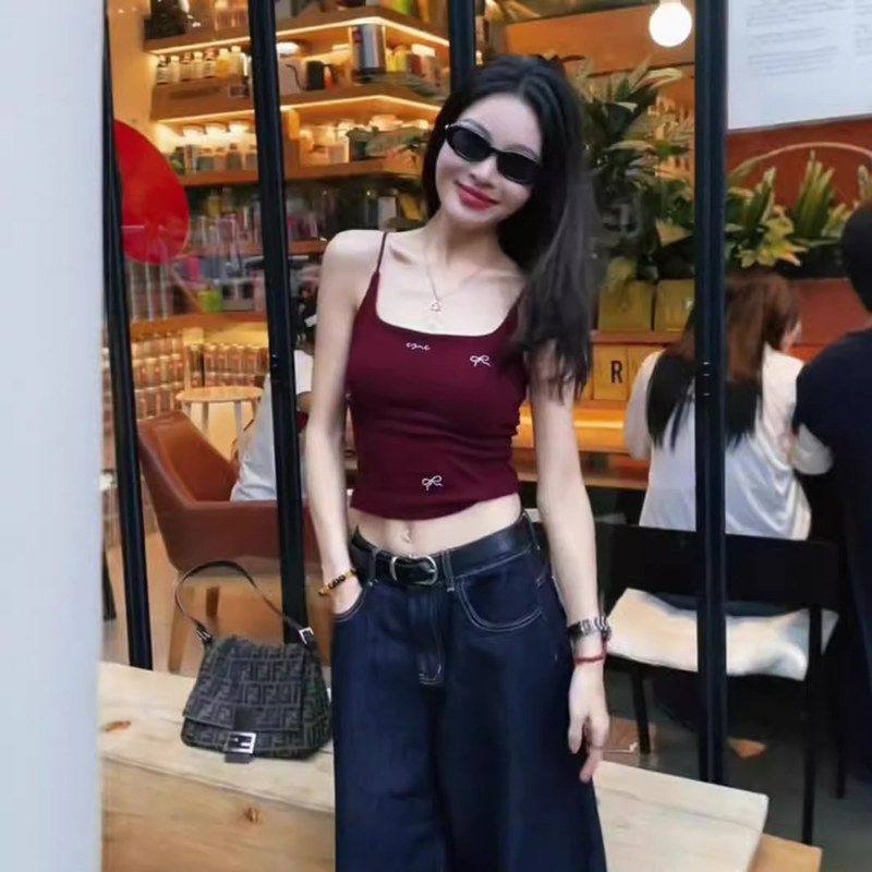 绝美蝴蝶结红色小吊带背心女外穿美背文胸一体西装内搭带胸垫上衣