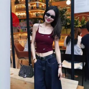 绝美蝴蝶结红色小吊带背心女外穿美背文胸一体西装内搭带胸垫上衣