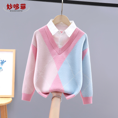 女童毛衣秋冬2025新款儿童针织女款假两件宝宝毛线衣大童早秋上衣
