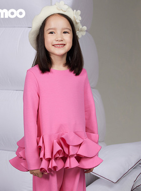 Qimoo/淇木25春季新款童装女童太空棉荷叶边花瓣套头衫QSS1TC213B