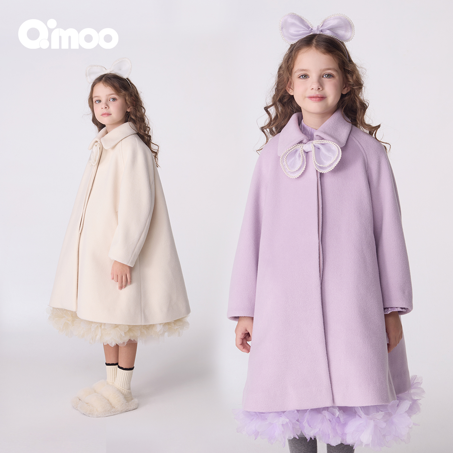 Qimoo/淇木25冬季新款童装女童珍珠蝴蝶结长款毛呢大衣QSS3DP325C