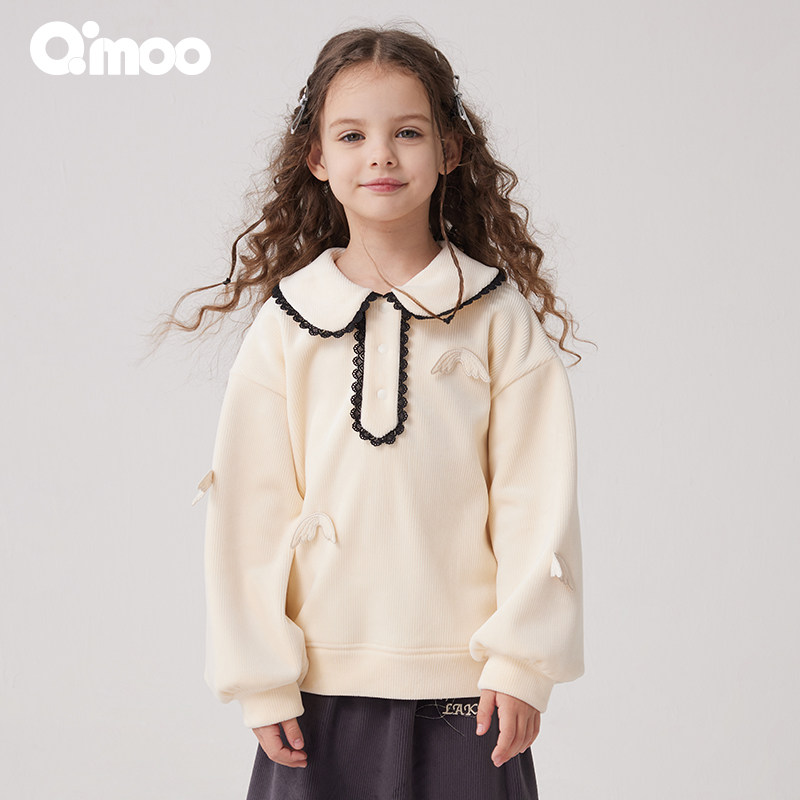 qimoo/淇木24冬季新款童装女童条绒立体绣花蕾丝套头衫qcl4tp222b