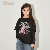 Qimoo26春季 潮酷上衣T恤QWM1TP425D 女童假两件印花纱袖 新款 童装