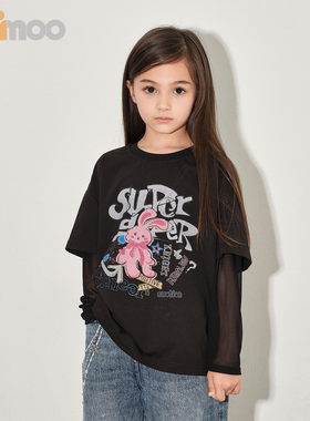 Qimoo26春季新款童装女童假两件印花纱袖潮酷上衣T恤QWM1TP425D